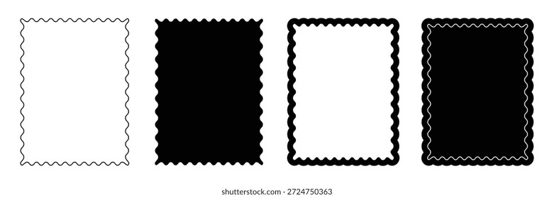 Silhueta preta quadros recortados. Adesivos de formas geométricas com ziguezague ondulado borda. Bordas de carimbo postal definidas. Forma de Retângulo com Borda Ondulada em Ziguezague. Quadro de forma de retângulo com borda em ziguezague.