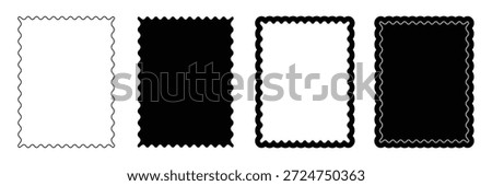 Black silhouette scalloped frames. Geometric shapes stickers with zigzag wavy edge. Postage stamp borders set. Zigzag Wavy Edge Rectangle shape. Rectangle shape frame with zigzag edge.