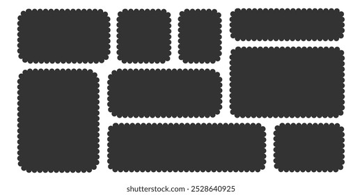 Preto silhueta Scalloped Retângulos set. Adesivos de Formas Retangulares em Branco. Quadro geométrico vazio. Caixa De Texto De Etiqueta De Preço, Selo De Etiqueta De Selo Para Design. Ilustração vetorial