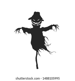 Black silhouette of scarecrow. Halloween party. Isolated image of garden monster. Scene with fantasy pumpkin. Vector illustration