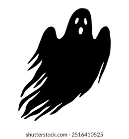 Black silhouette of scary ghost. Halloween graphic illustration. Simple doodle style clipart. Hand drawn isolated line figure. Night magical creature. Monochrome creepy art for horror holiday design.