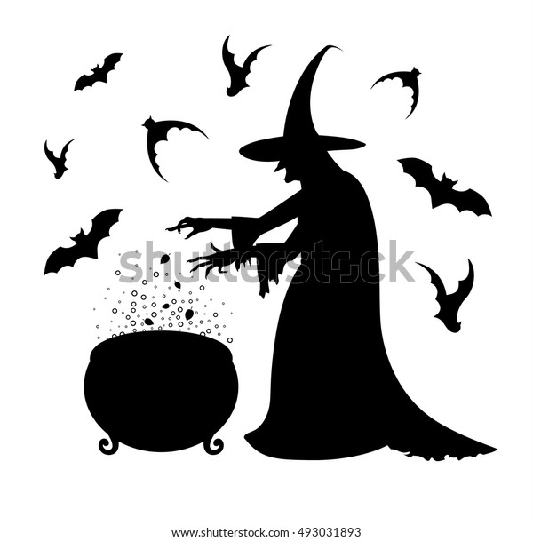お釜でポーションを作る怖い魔女の黒いシルエット ハッピーハロウィーンのポスター のベクター画像素材 ロイヤリティフリー