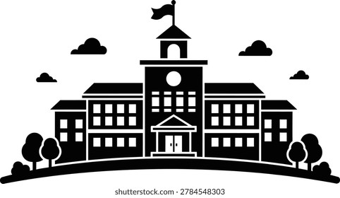 Black silhouette of a school building with trees and clouds