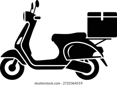 Una silueta negra de un scooter con una Grande caja de entrega rectangular montada en la parte trasera. El scooter se representa de perfil contra un fondo blanco.
