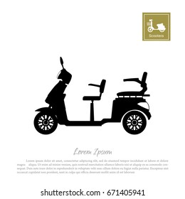 Black silhouette of scooter on white background. Side view. City motorcycle with two seats. Vector illustration