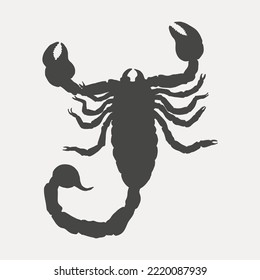 Black Silhouette of Scorpion Isolated on White Background. Hand Drawn Sketch. Vector Illustration of Arachnid. Water Zodiac Sign. Tattoo of a Poisonous Spider.