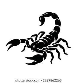 Black silhouette of a scorpion isolated on white background. Venomous arachnid animal symbol. Dangerous wild creature concept. Zodiac sign icon.