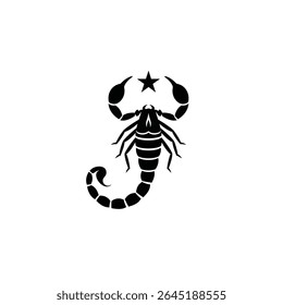 Black silhouette of a scorpion with a star above it on a white background vector illustration graphic design