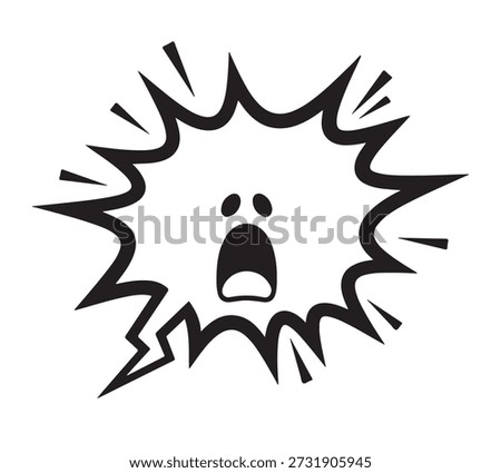 A black silhouette of a screaming cartoon face in a starburst.