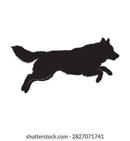 Black silhouette of a scruffy terrier-type dog leaping mid-jump, isolated vector illustration