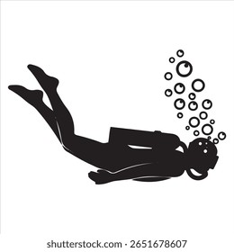 A black silhouette of a scuba diver swimming upwards, releasing a trail of bubbles.