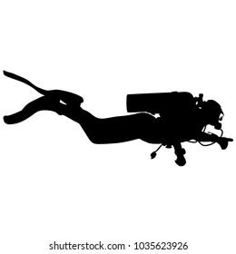 Black silhouette scuba divers on a white background.