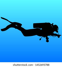 Black silhouette scuba divers on blue background