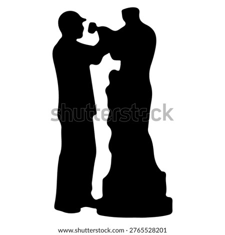 A black silhouette of a sculptor intently working on a stone statue.