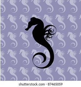 Black silhouette of a sea horse on the blue seamless background filled with light sea horses