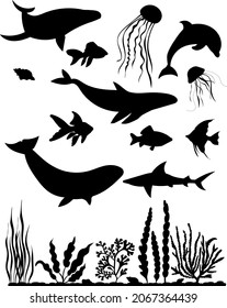 black silhouette in the sea swimming fish, vector