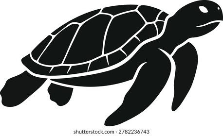 A black silhouette of a sea turtle with its shell pattern clearly defined, depicted in motion.