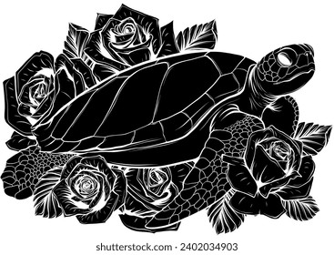 black silhouette of Sea turtle vector illustration in vintage style isolated on white background