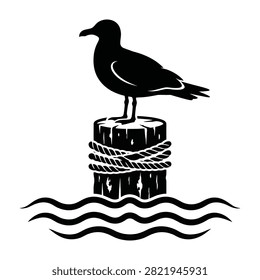 Black silhouette of a seagull standing on a rope-wrapped wooden piling in water. Ideal for nautical themes, maritime design, and coastal branding projects.