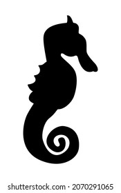 Black silhouette of a seahorse isolated on a white background. Contour drawing of a marine underwater animal, fish. Sea horse icon, sign, logo. Side view. Vector illustration, flat design