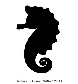 Black silhouette of seahorse isolated on white background, sea life, design element, vector