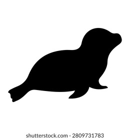 A black silhouette of a seal in profile view, showcasing its rounded body and flippers, set against a plain white background.