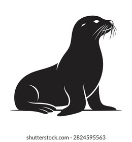 A black silhouette of a seal sitting on the ground with visible whiskers and a calm demeanor