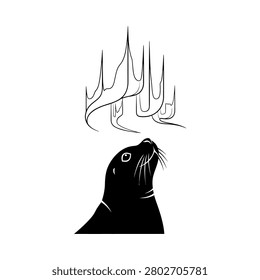 A black silhouette of a seal's head looking upwards towards a stylized depiction of the aurora borealis.