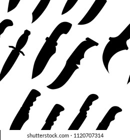 Black silhouette. Seamless pattern. Collection of daggers. Tactical and home knives. Stainless steel and wooden handle. Vector illustration on white background.