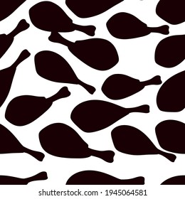 Black silhouette seamless pattern of fried fried chicken leg ready to eat vector illustration on white background