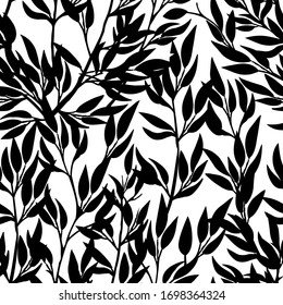 Silueta negra con un patrón transparente ramas de árbol dibujadas a mano con hojas flores botánicas florales dibujadas a mano estilo escandinavo elemento de diseño de vectores planos ilustración