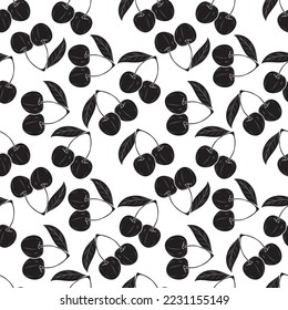 Black silhouette Seamless pattern of realistic cherries on a white background. vector illustration.