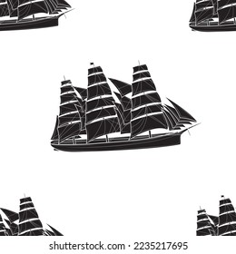 Silueta negra de patrón de Seamless de un barco de vela aislado. Ilustración vectorial.