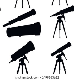 Black silhouette seamless pattern of telescopes with stands and without flat vector illustration on white background