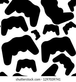 Black silhouette. Seamless pattern. Black video game controller. Gamepad for PC or Console gaming. Flat vector illustration on white background.