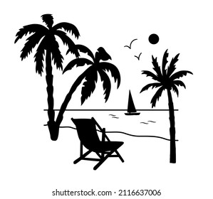 Black silhouette of seashore with palm trees, chair and seagulls. Vacation on ocean, summer seaside resort. Vector illustration of isolated on white background