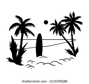 Black silhouette of seashore with palm trees and surfboard. Vacation on ocean, summer seaside resort. Vector illustration of isolated on white background