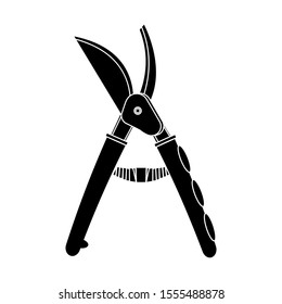 Black silhouette of secateurs on a white background.Icon, outline style. Agricultural work, landscape design. Gardening Tools. Rural life in vector illustration.