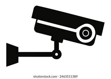 Silueta negra de una cámara de seguridad aislada sobre fondo blanco Diseño gráfico simple de equipos de vigilancia. Concepto de seguridad, vigilancia, seguridad. Imprimir, logotipo, signo, elemento de diseño