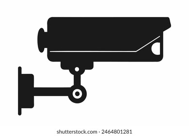 Black silhouette of a security camera isolated on white backdrop Simple graphic design of surveillance equipment. Concept of security, monitoring, safety. Print, logo, sign, design element