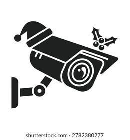 A black silhouette of a security camera wearing a festive Santa hat, accompanied by a sprig of holly with berries, symbolizing holiday surveillance and seasonal safety.