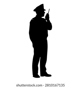 A black silhouette of a security guard holding a walkie talkie, standing alert and vigilant, symbolizing security and safety measures.