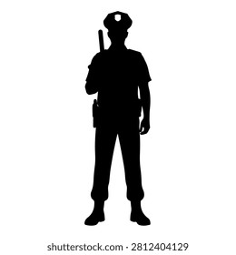 A black silhouette of a security guard holding batons, standing upright with a confident posture, against a plain white background.