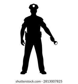 A black silhouette of a security guard standing with handcuffs in hand, symbolizing law enforcement and security enforcement.
