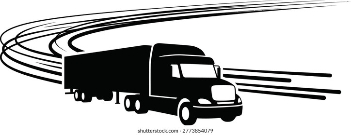 A black silhouette of a semi truck with dynamic speed lines, representing fast transportation and logistics on a white background.