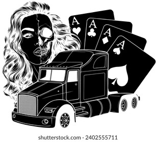 black silhouette of semi truck with girl and poker cards