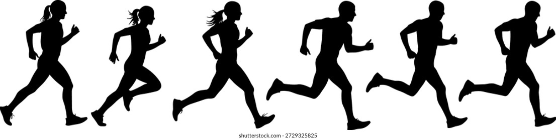 Black silhouette sequence of 6 running figures in varied poses with anchor point and coordinates for animation layout