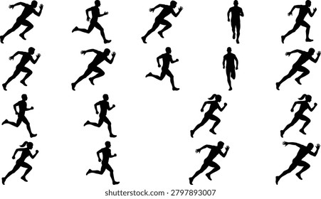 Black silhouette sequence of running motion showing dynamic athletic stride cycle progression with human locomotion stages for biomechanics sports training animation and fitness education projects