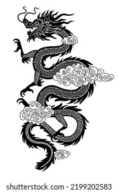 Black silhouette of a serpentine Chinese dragon in flat linear style. Drawing for the coloring book. Vector illustration