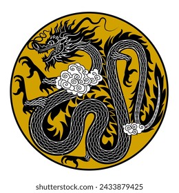 Black silhouette of a serpentine Chinese dragon in flat linear style in circle frame on yellow background. Drawing for the coloring book. Vector illustration